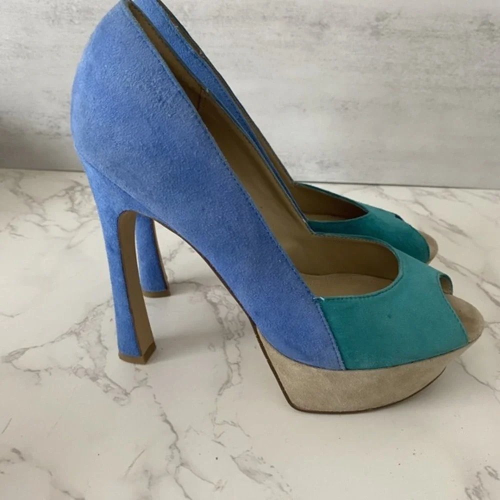 ALDO Platform Pumps Sz 38 (7.5) Blue Suede High Heel Party Special Occasion Date